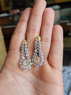 Set in 18K Gold, 6.52 carat Yellow & White Rose Cut Diamonds Chandelier Earrings