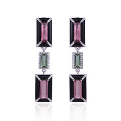 Set in 18K Gold, 6.60 carats Tourmaline, Black Onyx & Diamonds Dangle Earrings