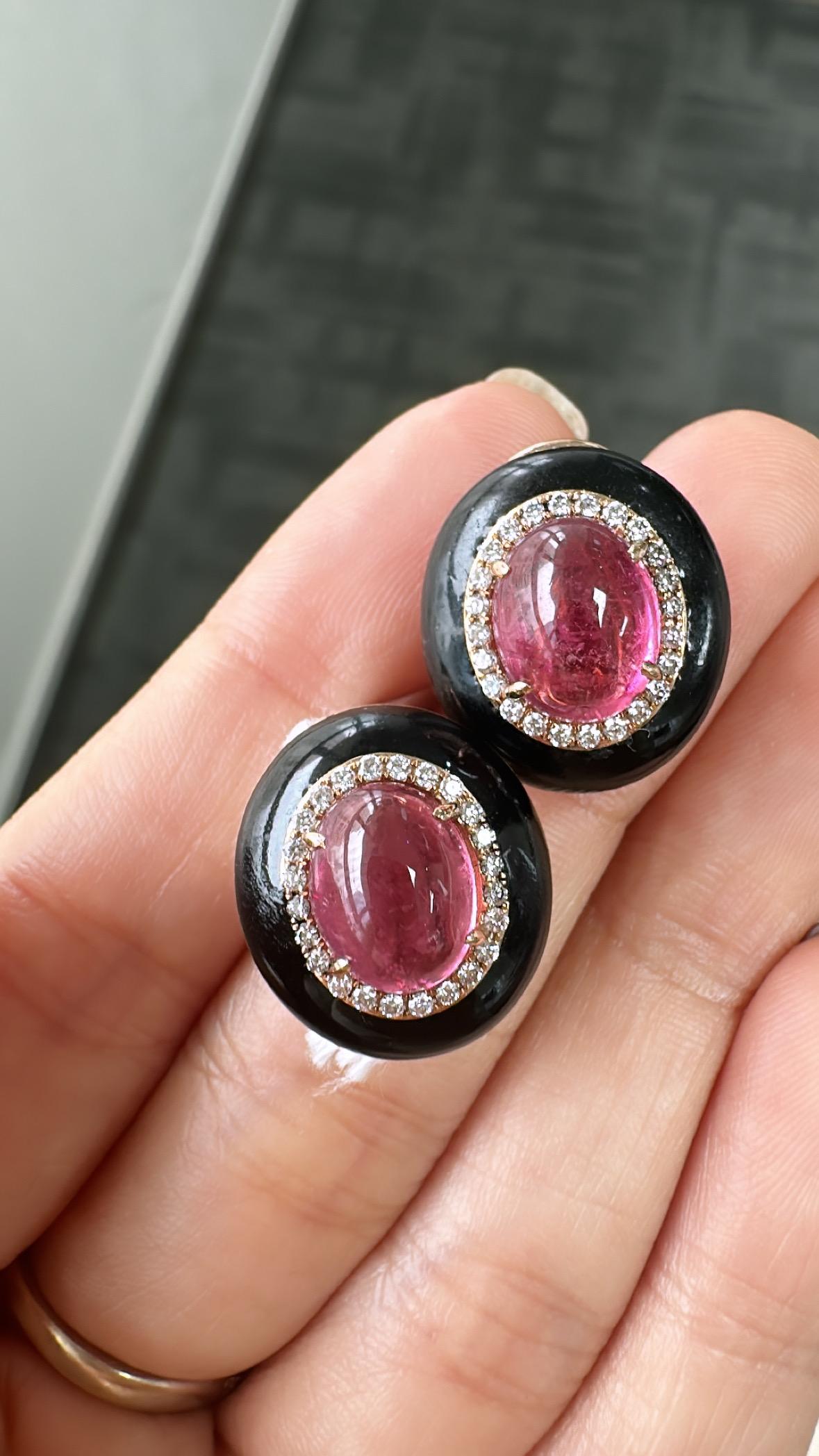 Ohrstecker aus 18 Karat Gold, 6,71 Karat, Rubellit, schwarzer Emaille und Diamanten für Damen oder Herren