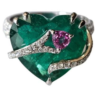 Set in 18K Gold, 6.74 carats Emerald, Pink Sapphire & Diamonds Enagagement Ring