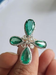 Set in 18k Gold, 6.76 Carats Zambian Emerald & Rose Cut Diamonds Cocktail Ring