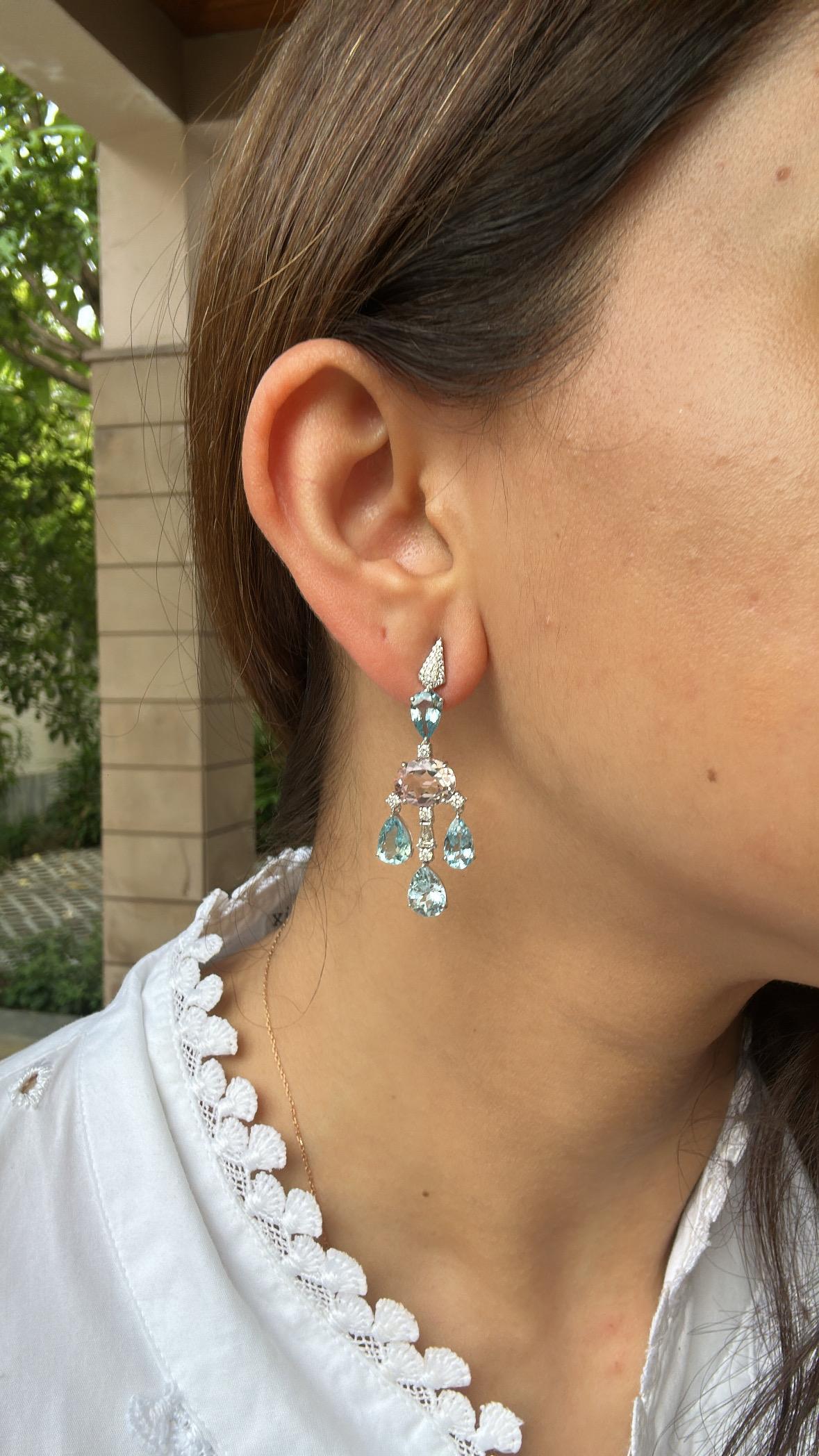da uomo o donna Orecchini pendenti in oro 18 carati, acquamarine, morganiti e diamanti da 6,77 carati in vendita