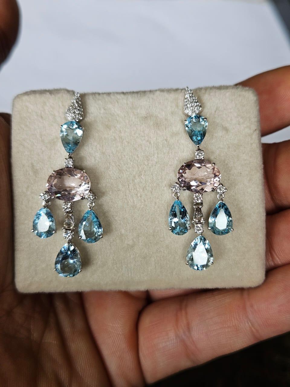 Orecchini pendenti in oro 18 carati, acquamarine, morganiti e diamanti da 6,77 carati in vendita 3