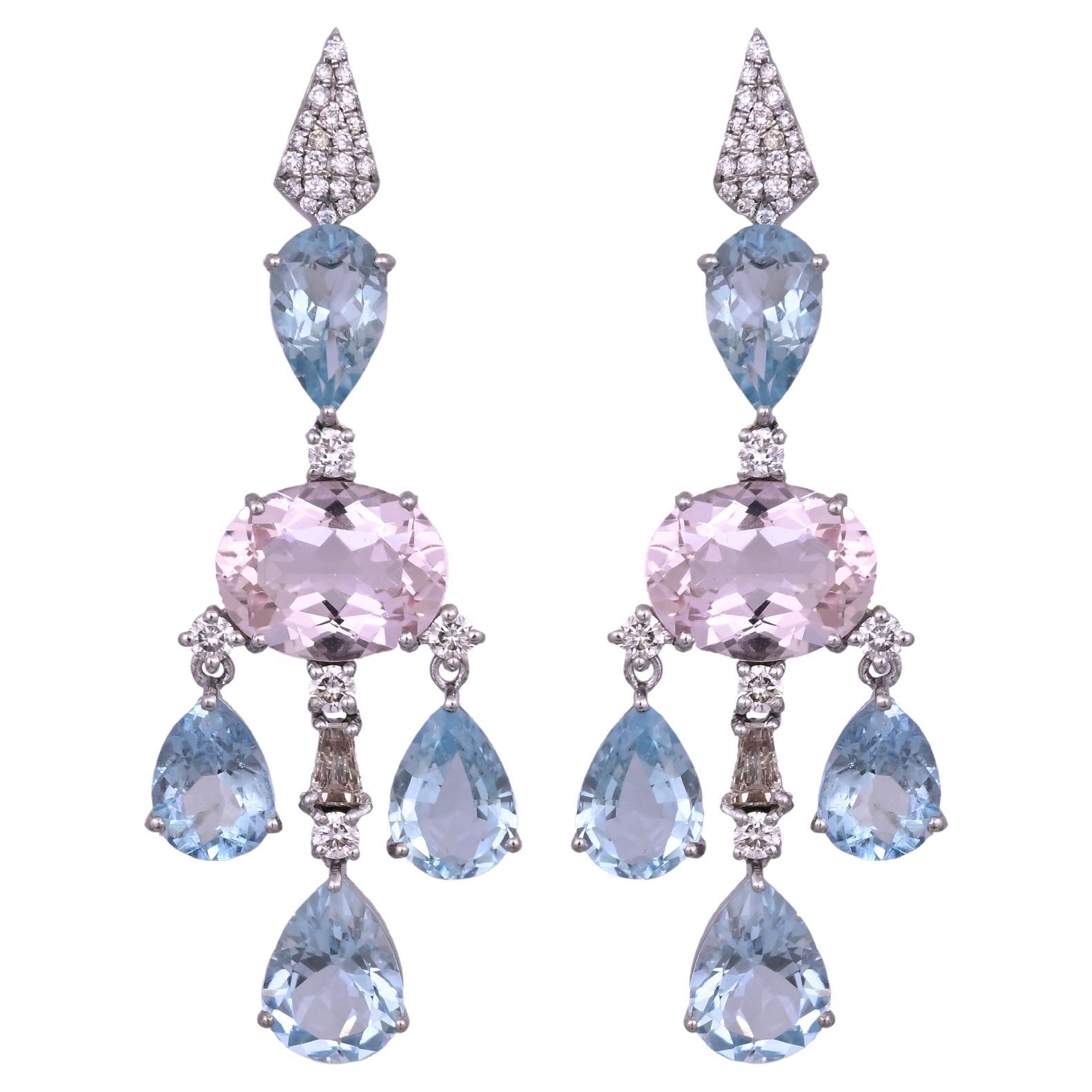 Set in 18K Gold, 6.77 carats Aquamarines, Morganites & Diamonds Dangle Earrings