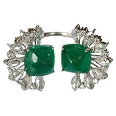 Set in 18K Gold, 6.77 carats Zambian Emerald & Rose Cut Diamonds Cocktail Ring