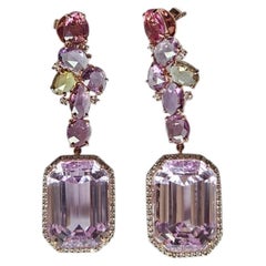 Set in 18K Gold, 68.26 carat Kunzite, Multi Sapphires & Diamonds Dangle Earrings