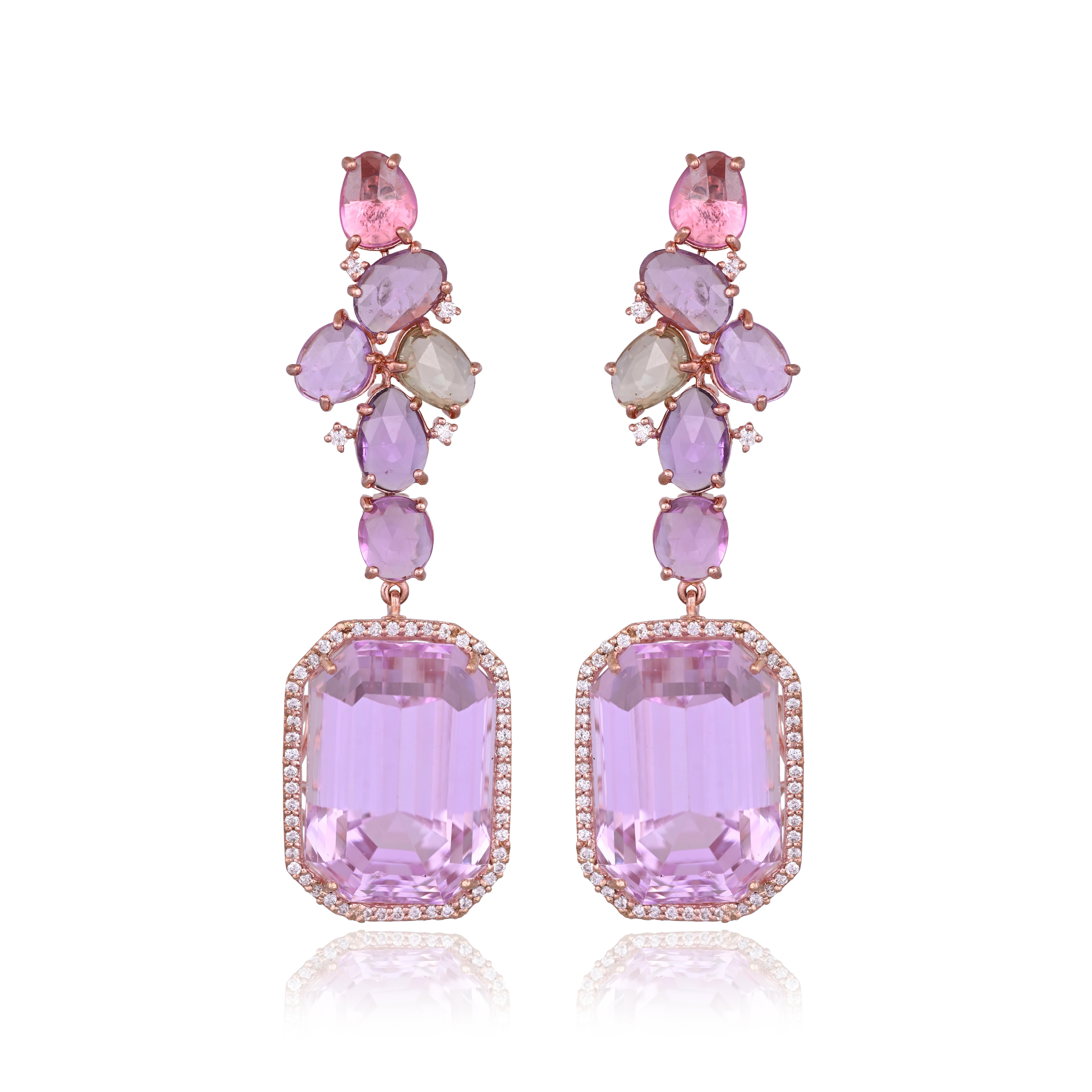 Set in 18K Gold, 68.26 carat Kunzite, Multi Sapphires & Diamonds Dangle Earrings