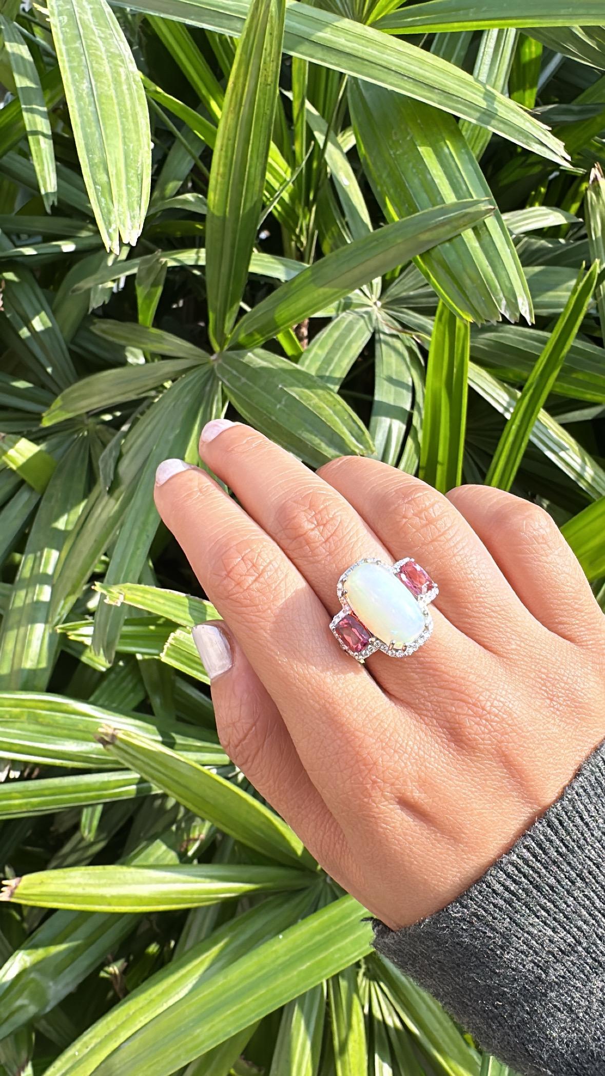 Set in 18K Gold, 6.99 carats Ethiopian Opal, Rubellite & Diamonds Cocktail Ring For Sale 4