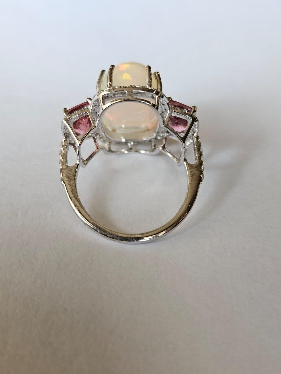 Modern Set in 18K Gold, 6.99 carats Ethiopian Opal, Rubellite & Diamonds Cocktail Ring For Sale