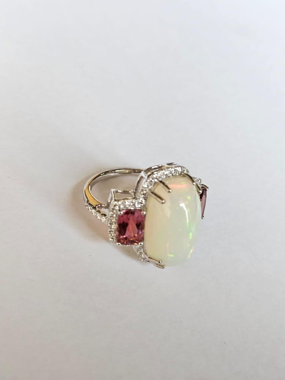 Cabochon Set in 18K Gold, 6.99 carats Ethiopian Opal, Rubellite & Diamonds Cocktail Ring For Sale