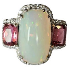 Set in 18K Gold, 6.99 carats Ethiopian Opal, Rubellite & Diamonds Cocktail Ring