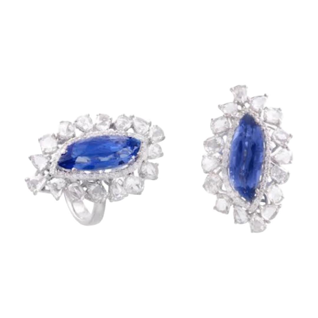 18k Gold 7.00 Cts Ceylon Blue Sapphire & Rose Cut Diamonds Cocktail Ring