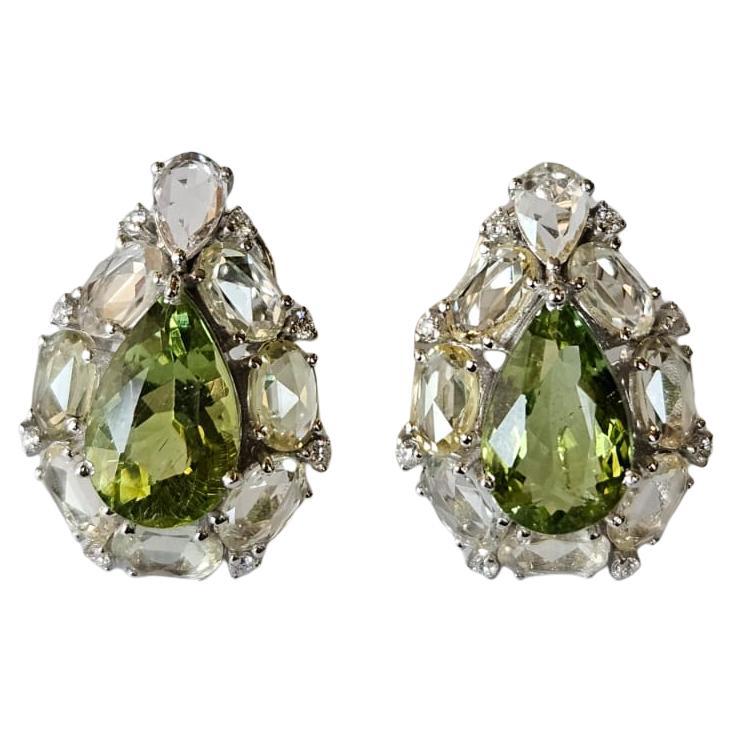 Set in 18K Gold, 7.01 carats Tourmaline, White Sapphires & Diamond Stud Earrings