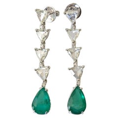 Set in 18K Gold, 7.04 carats, Zambian Emeralds & Rose Cut Diamonds Drop Earring
