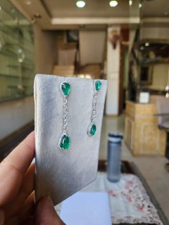 Set in 18K Gold, 7.19 carat Emerald Cabochon & Rose Cut Diamonds Dangle Earrings