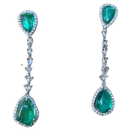 Set in 18K Gold, 7.19 carat Emerald Cabochon 
Rose Cut Diamonds Dangle Earrings For Sale