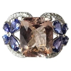 Bague de fiançailles en or 18 carats, Morganite, Tanzanites et Diamants de 7,28 carats