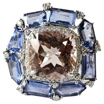 Set in 18K Gold, 7.28 carats Morganite, Blue Sapphires & Diamonds Cocktail Ring