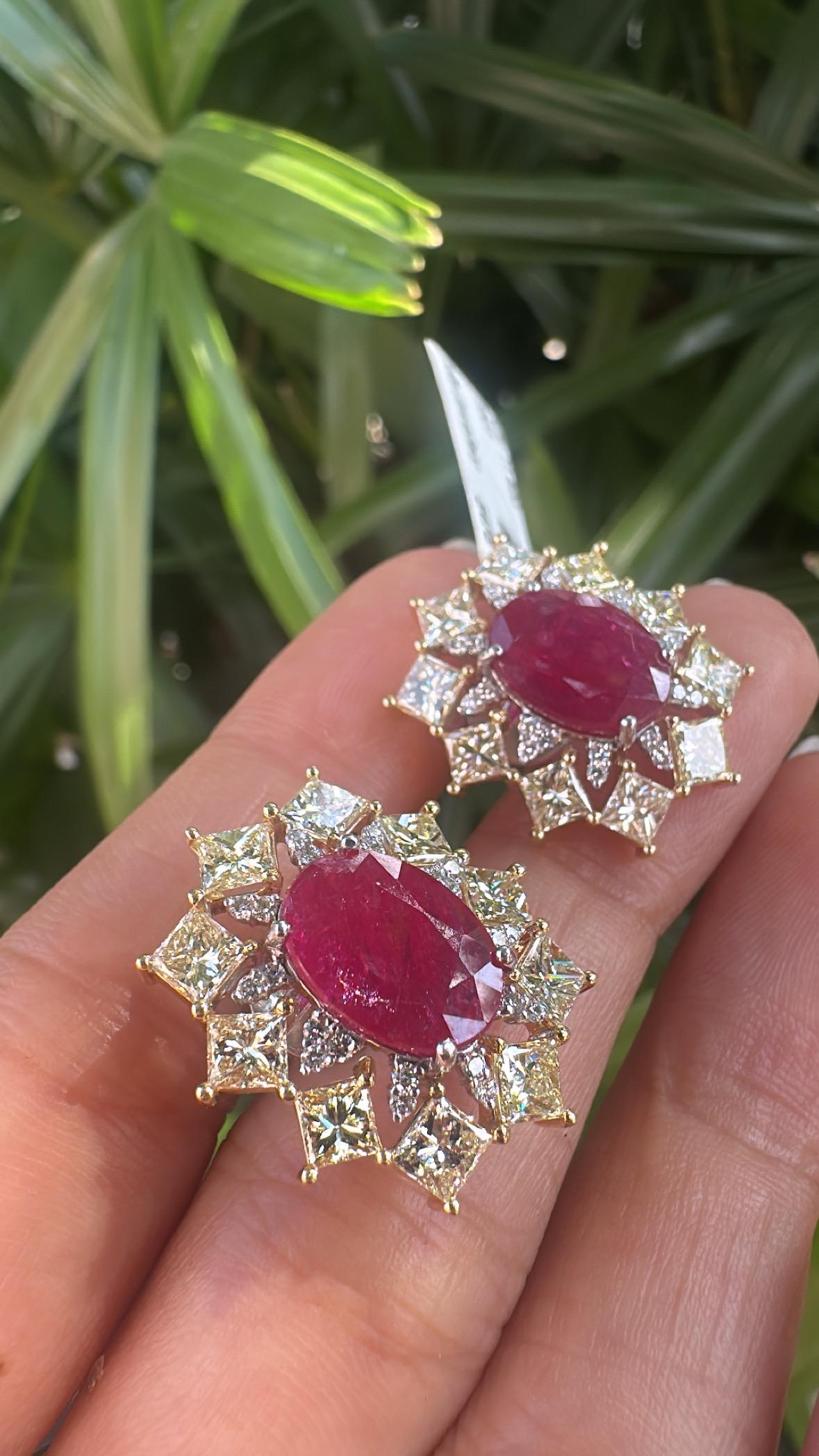 Boucles d'oreilles en or 18 carats, 7,35 carats, rubis du Mozambique et diamants jaunes en vente 6