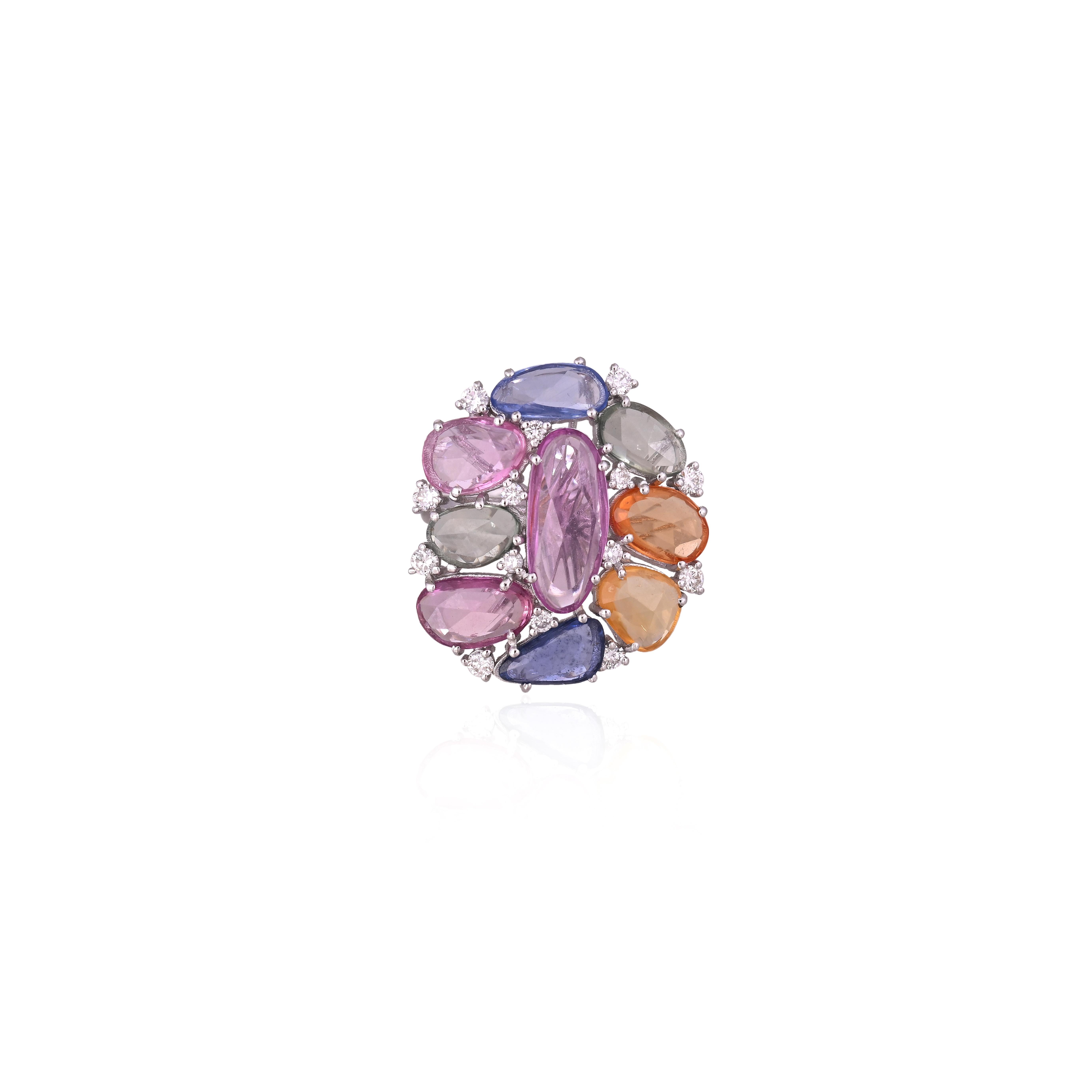 A very beautiful and gorgeous, Multi Sapphires Cocktail Ring set in 18K White Gold & natural Diamonds. The weight of the Multi Sapphires is 7.50 carats. The Multi Sapphires are of Ceylon (Sri Lankan) origin. The Diamonds weight is 0.38. Net 18K Gold