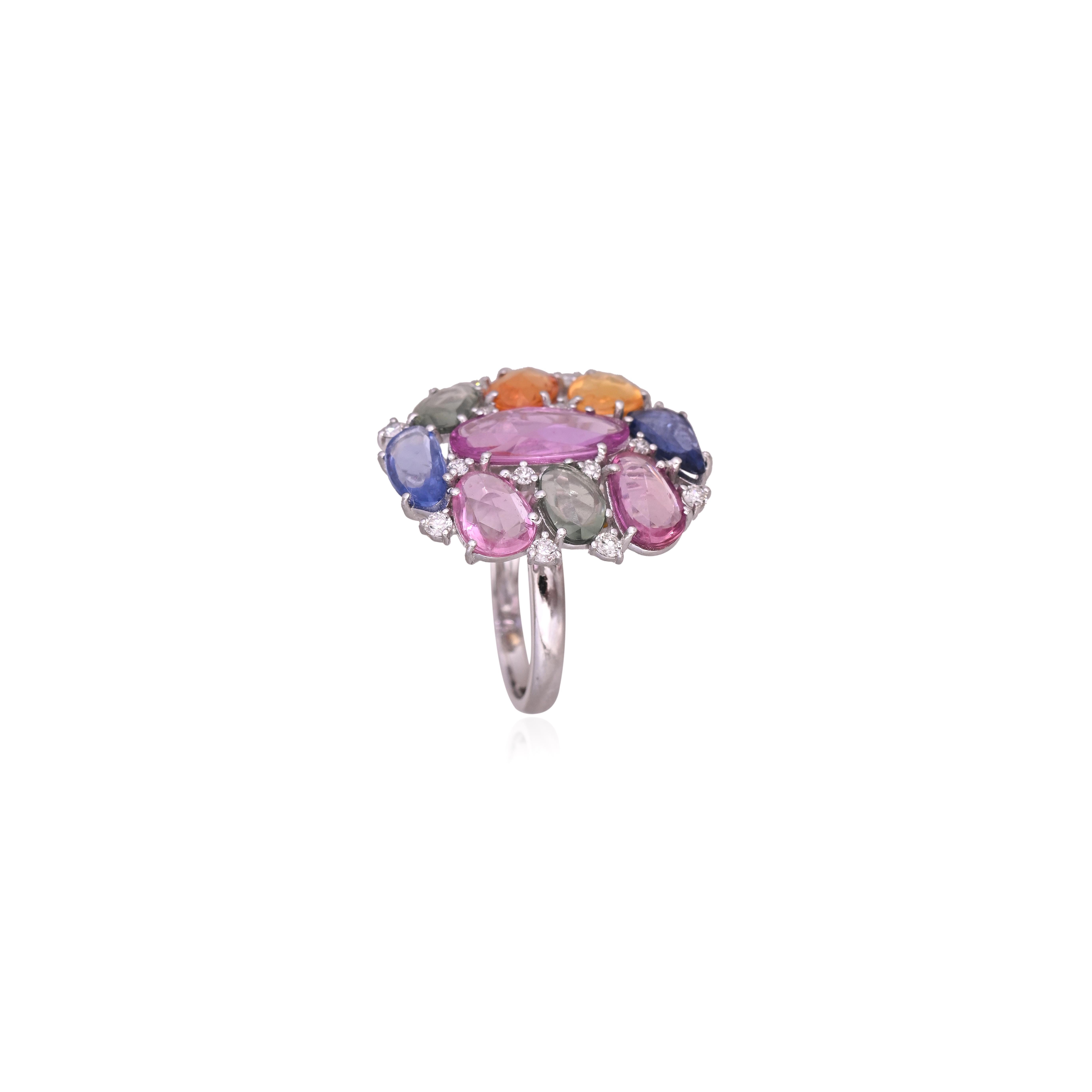 Modern Set in 18K Gold, 7.50 carats Ceylon Multi Sapphires & Diamonds Cocktail Ring For Sale