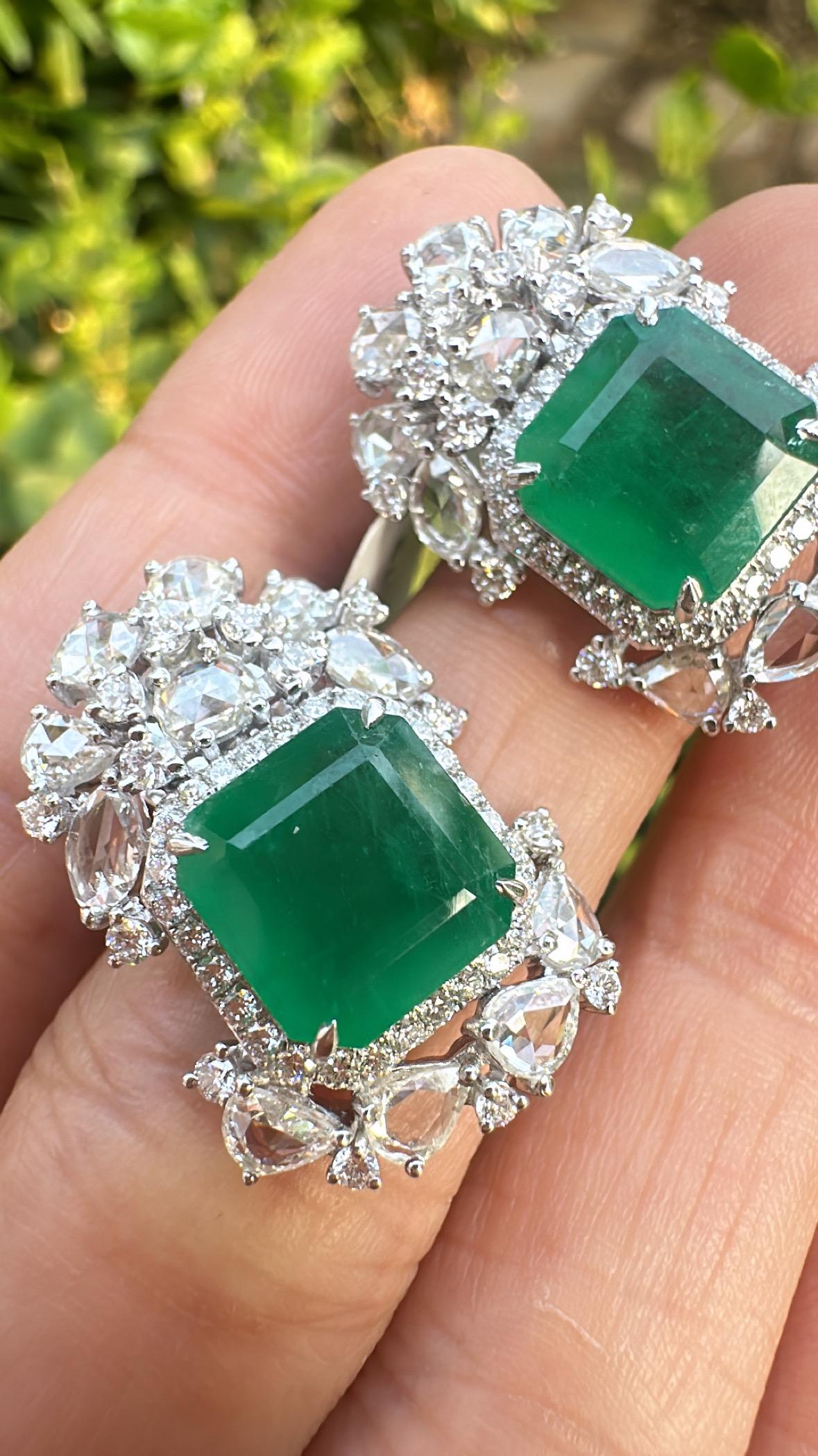 Set in 18K Gold, 7.56 carats, Zambiam Emerald & Rose Cut Diamonds Stud Earrings For Sale 5
