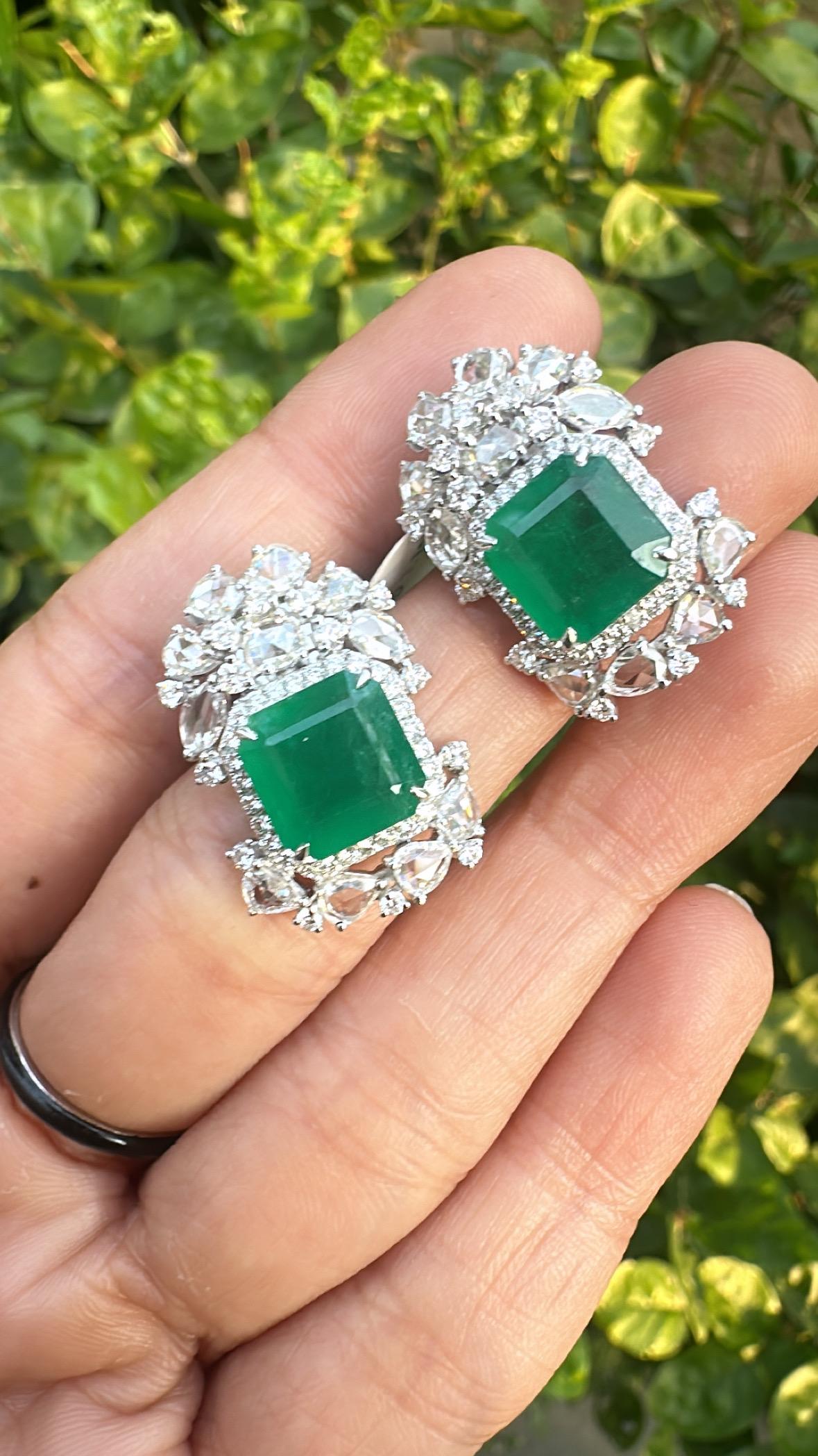Set in 18K Gold, 7.56 carats, Zambiam Emerald & Rose Cut Diamonds Stud Earrings For Sale 6