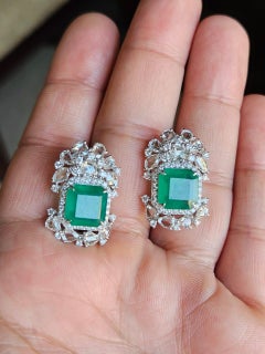 Set in 18K Gold, 7.56 carats, Zambiam Emerald & Rose Cut Diamonds Stud Earrings