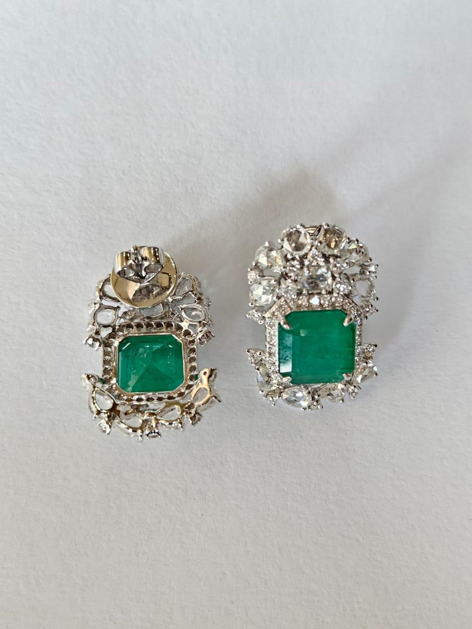 Modern Set in 18K Gold, 7.56 carats, Zambiam Emerald & Rose Cut Diamonds Stud Earrings For Sale