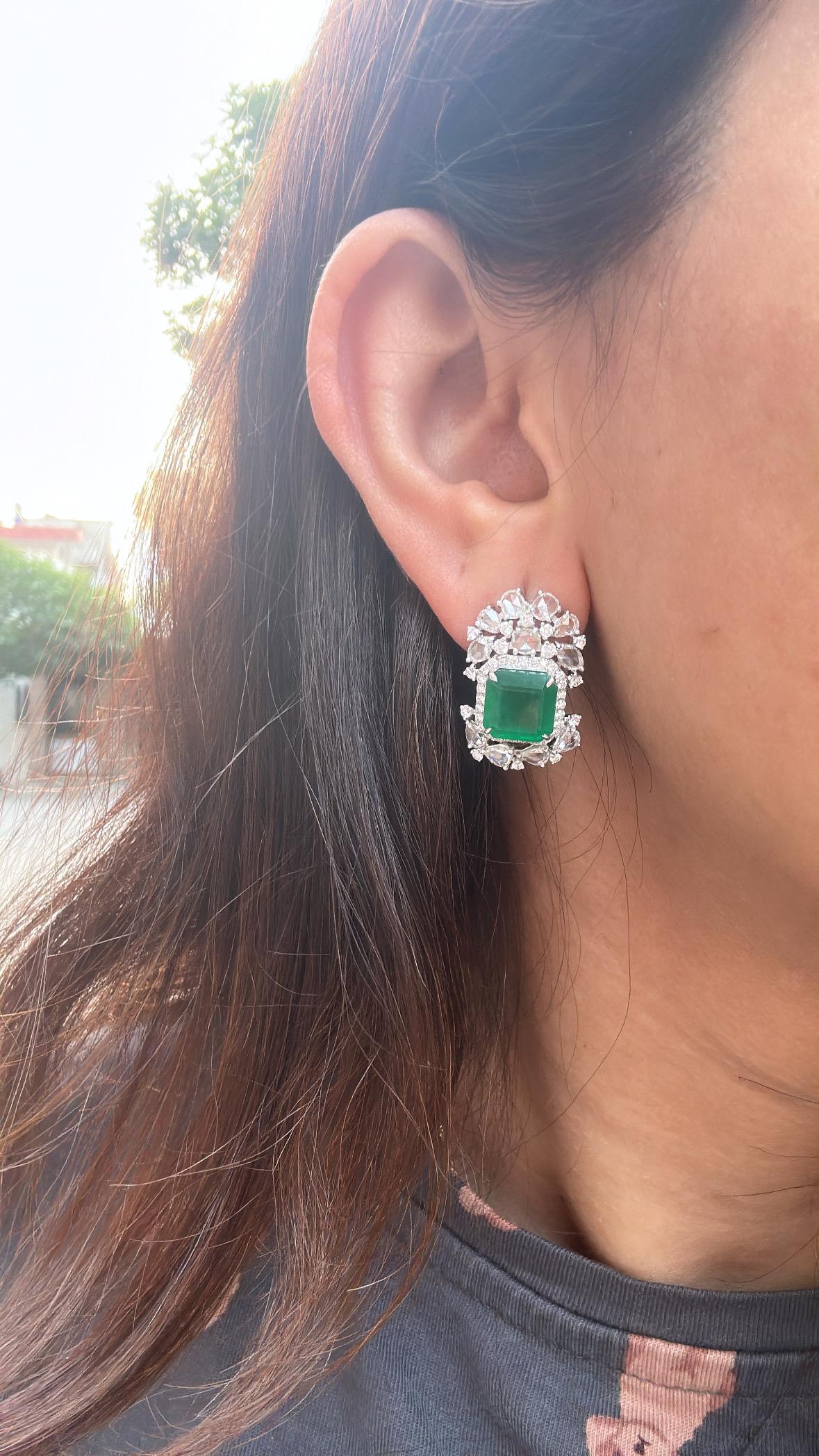 Set in 18K Gold, 7.56 carats, Zambiam Emerald & Rose Cut Diamonds Stud Earrings For Sale 2