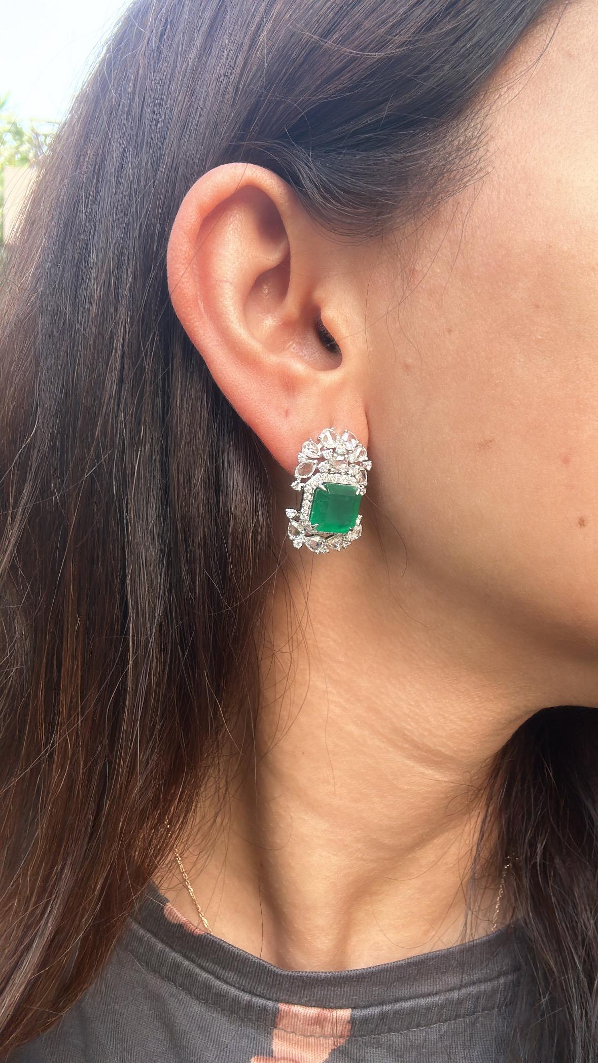 Set in 18K Gold, 7.56 carats, Zambiam Emerald & Rose Cut Diamonds Stud Earrings For Sale 4