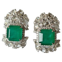 Set in 18K Gold, 7.56 carats, Zambiam Emerald & Rose Cut Diamonds Stud Earrings