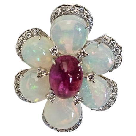Set in 18K Gold, 7.57 carats, Ethiopian Opal, Rubellite 
Diamonds Cocktail Ring For Sale