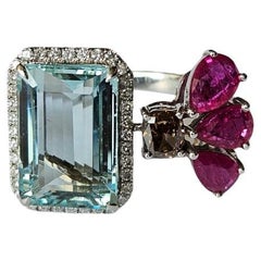 Bague de fiançailles en or 18 carats, aigue-marine, rubis et diamants Brown de 7,60 carats