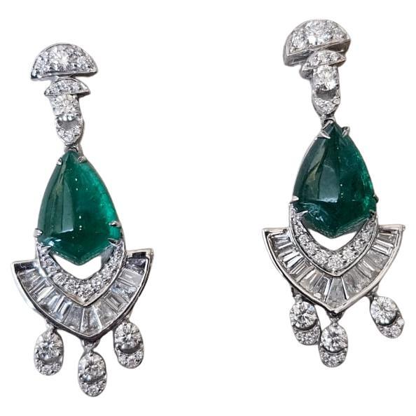 Set in 18K Gold, 7.62 carats Zambian Emerald Sugarloaf & Diamond Dangle Earrings