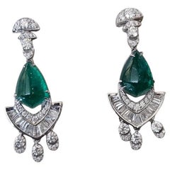 Set in 18K Gold, 7.62 carats Zambian Emerald Sugarloaf & Diamond Dangle Earrings