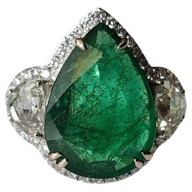 Set in 18K Gold, 7.78 carats Zambian Emerald & Rose Cut Diamonds Engagement Ring