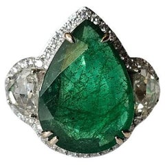 Set in 18K Gold, 7.78 carats Zambian Emerald & Rose Cut Diamonds Engagement Ring