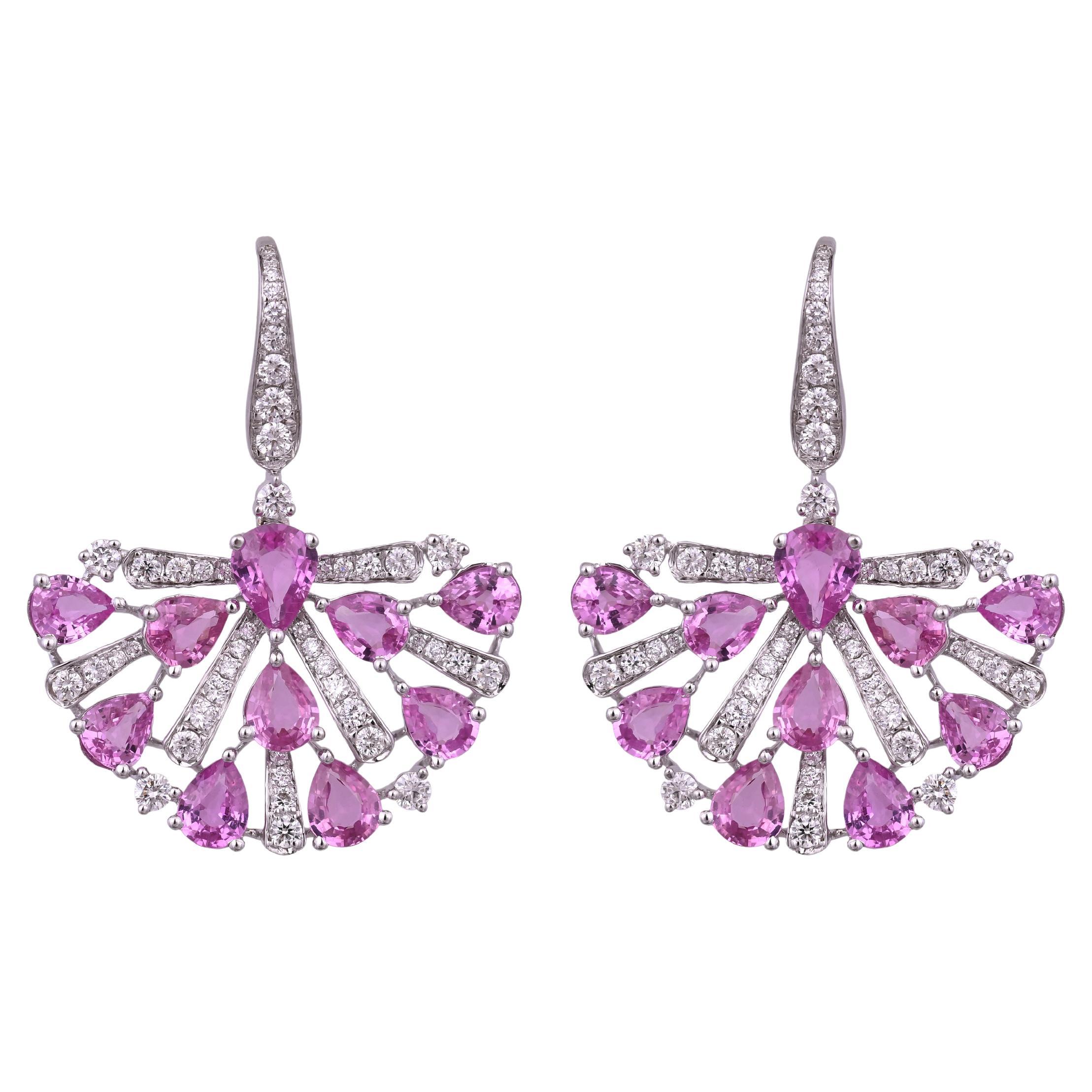 Set in 18K Gold, 7.83 carats Ceylon Pink Sapphires & Diamonds Dangle Earrings