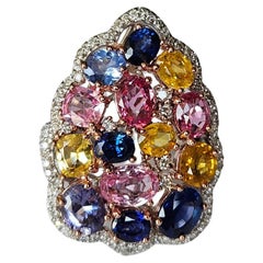 Set in 18K Gold, 7.90 carats, Ceylon Multi Sapphires & Diamonds Cocktail Ring