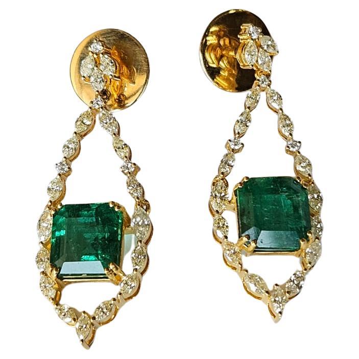 Set in 18K Gold, 8.01 carats, Zambian Emerald & Yellow Diamond Drop Earrings