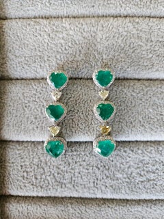 Set in 18K Gold, 8.26 carat, natural Zambian Emeralds & Diamonds Dangle Earrings