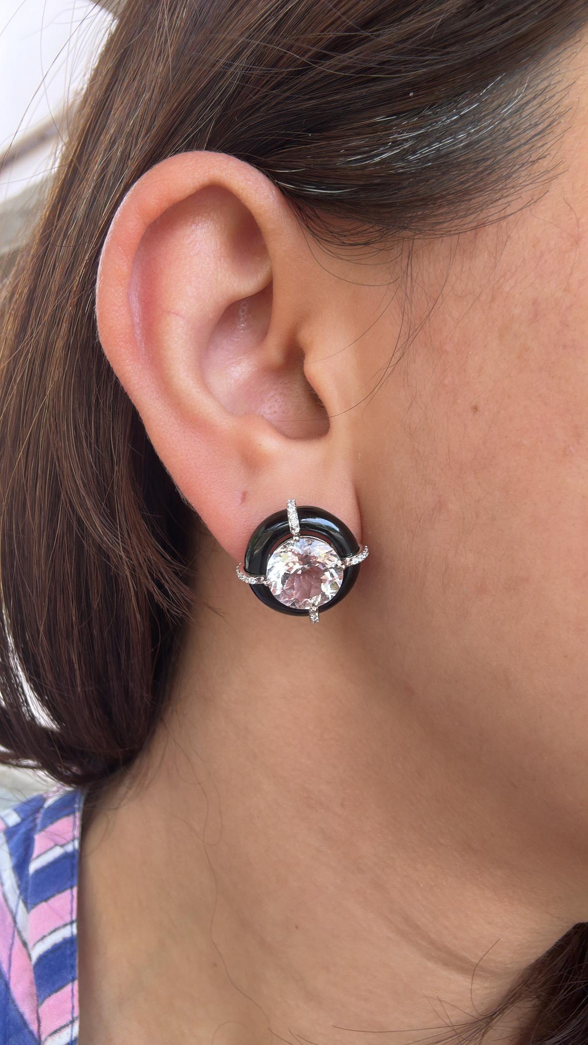Boucles d'oreilles en or 18 carats, Morganite, Onyx noir et diamants, 8.38 carats Neuf - En vente à Hong Kong, HK