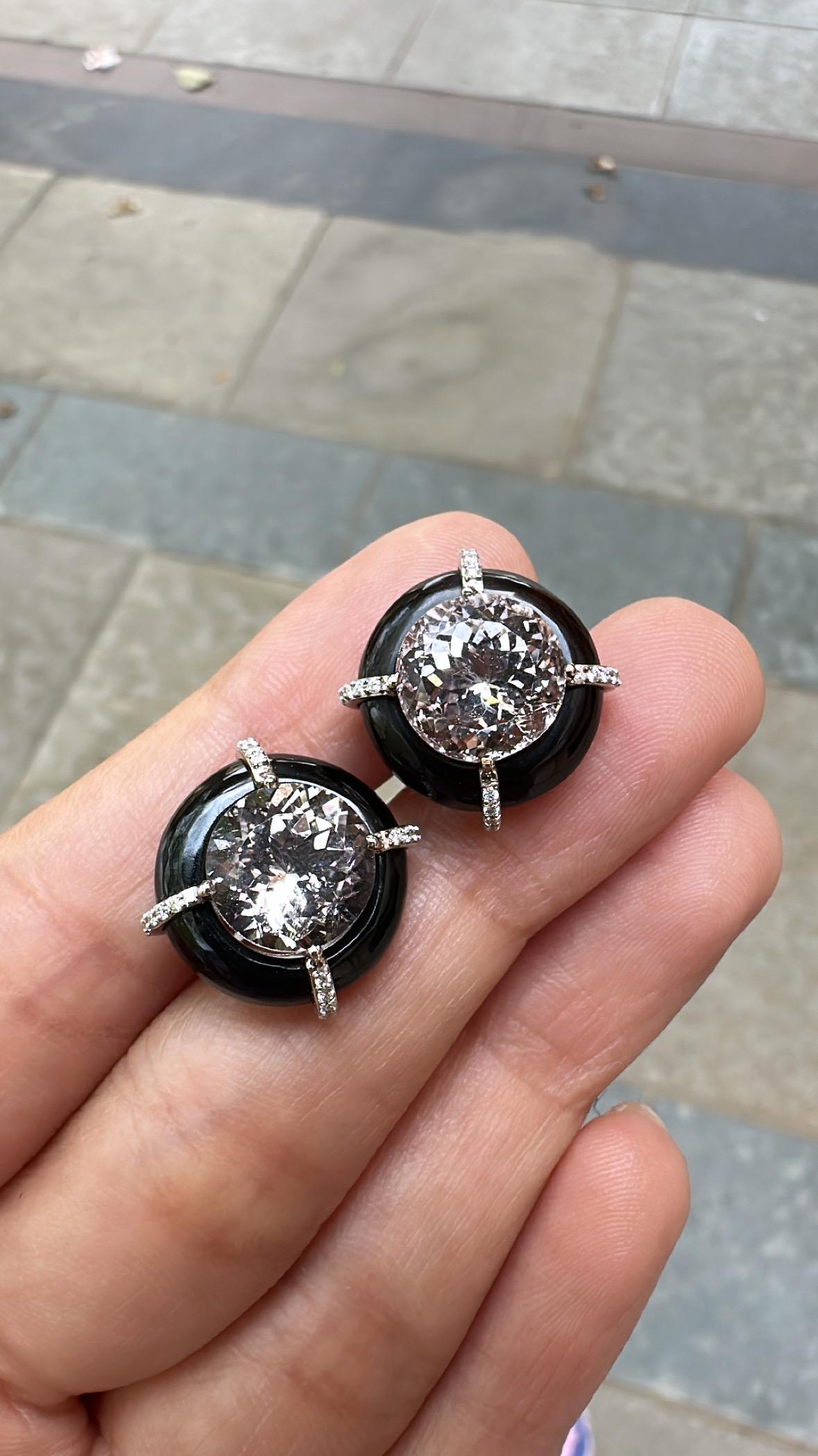 Boucles d'oreilles en or 18 carats, Morganite, Onyx noir et diamants, 8.38 carats Unisexe en vente