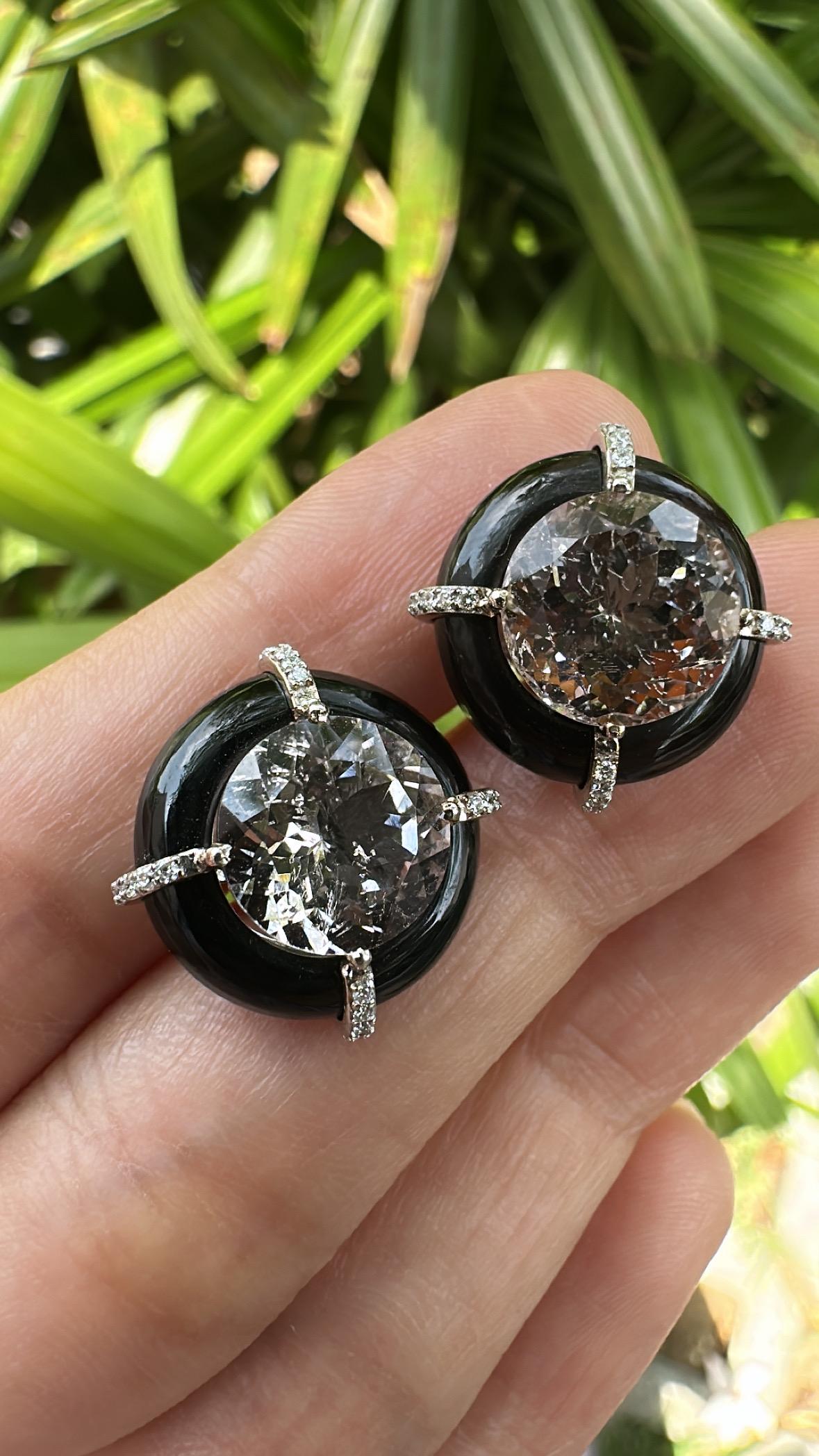 Boucles d'oreilles en or 18 carats, Morganite, Onyx noir et diamants, 8.38 carats en vente 1