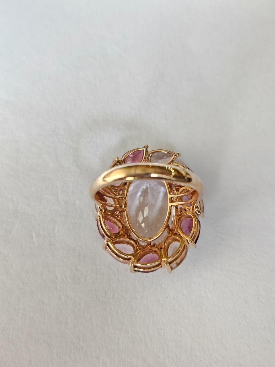 Modern Set in 18K Gold, 8.47 carats Morganite, Tourmalines & Diamonds Cocktail Ring For Sale