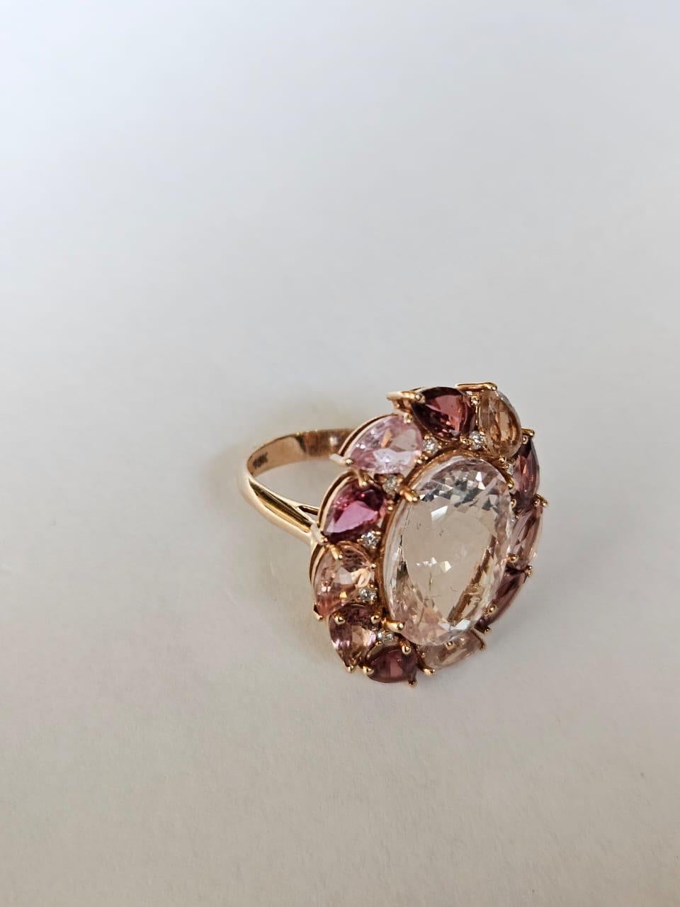 Oval Cut Set in 18K Gold, 8.47 carats Morganite, Tourmalines & Diamonds Cocktail Ring For Sale
