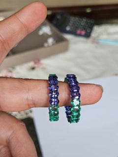 Set in 18K Gold, 8.54 carat Emeralds & 9.76 carat Tanzanites modern Hoop Earring