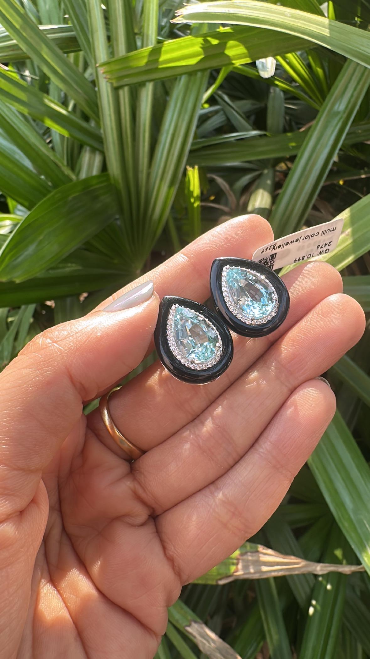 Boucles d'oreilles en or 18 carats, aigue-marine, onyx noir et diamants, 8,54 carats en vente 3