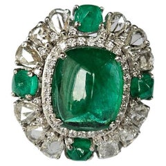 Set in 18K Gold, 8.58 carats Emerald Sugarloaf & Rose Cut Diamonds Cocktail Ring